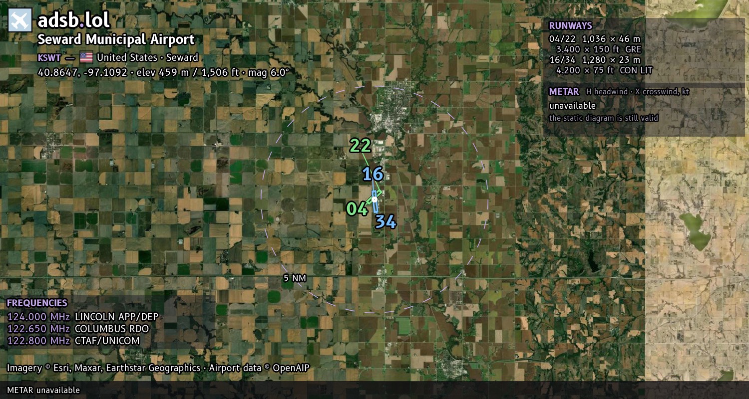 Satellite map with the runway layout of Seward Municipal Airport (KSWT)