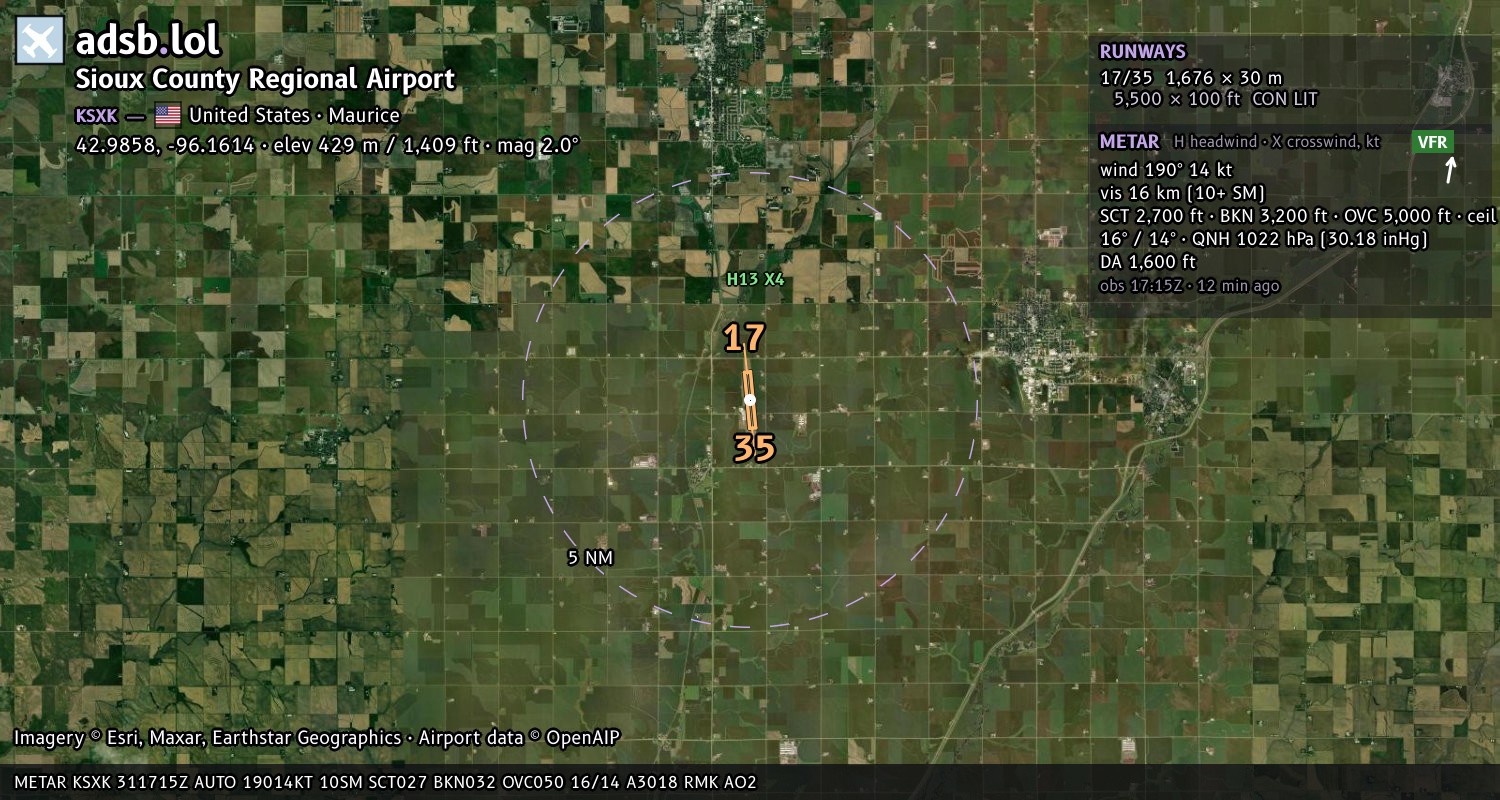 Satellite map with the runway layout of Sioux County Regional Airport (KSXK)
