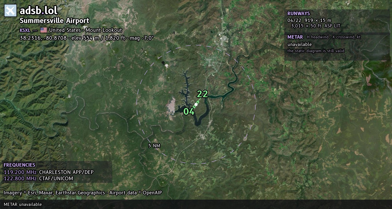 Satellite map with the runway layout of Summersville Airport (KSXL)