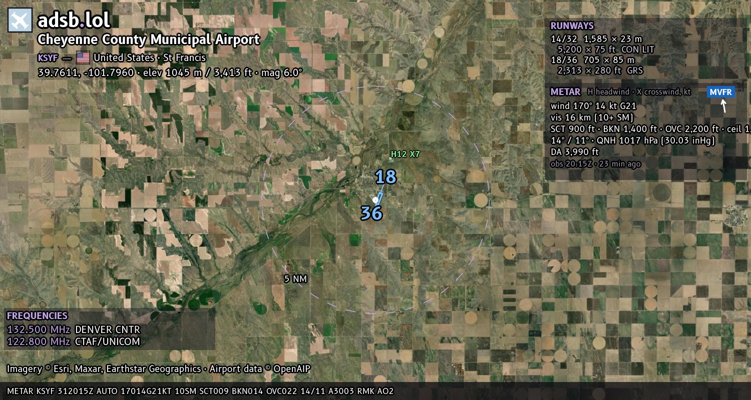 Satellite map with the runway layout of Cheyenne County Municipal Airport (KSYF)