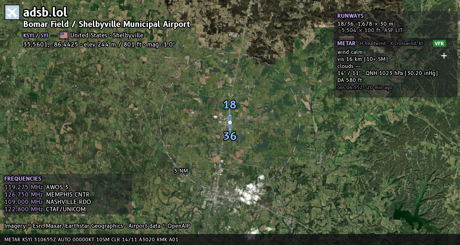 Satellite map with the runway layout of Bomar Field / Shelbyville Municipal Airport (KSYI)