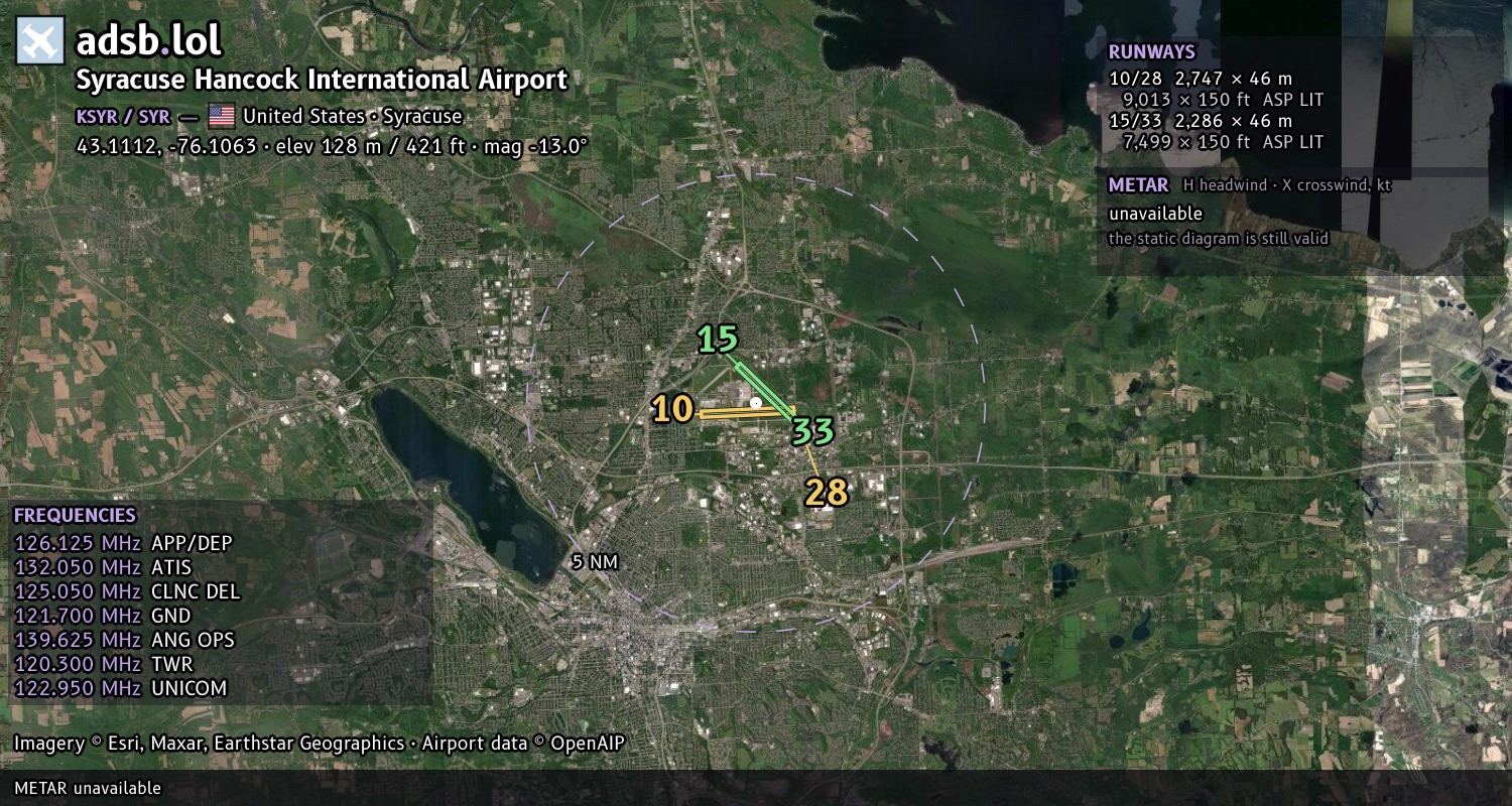 Satellite map with the runway layout of Syracuse Hancock International Airport (KSYR)