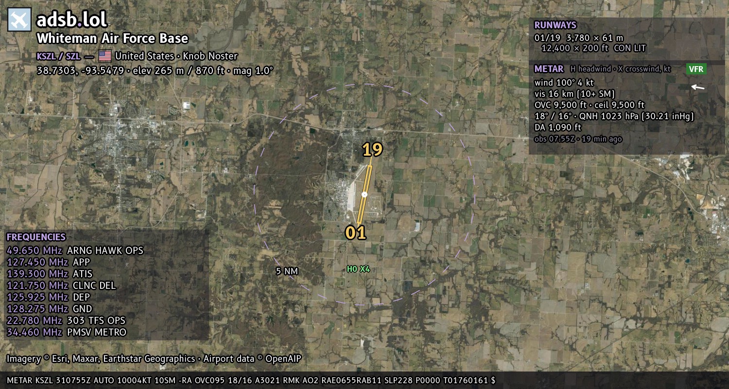 Satellite map with the runway layout of Whiteman Air Force Base (KSZL)