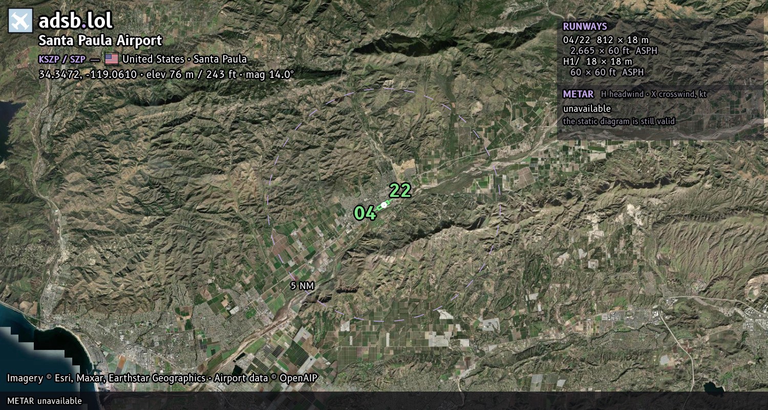 Satellite map with the runway layout of Santa Paula Airport (KSZP)