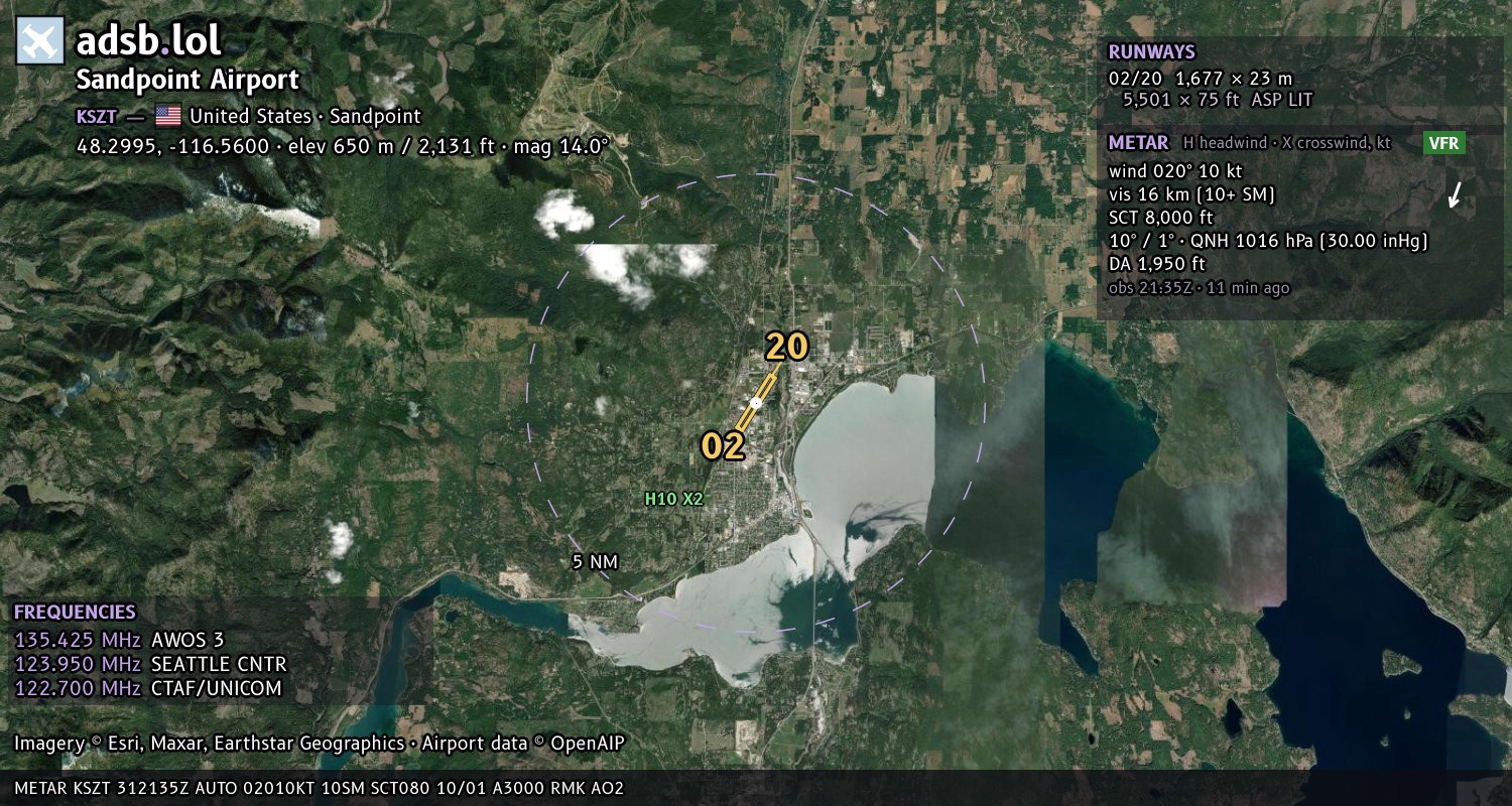 Satellite map with the runway layout of Sandpoint Airport (KSZT)