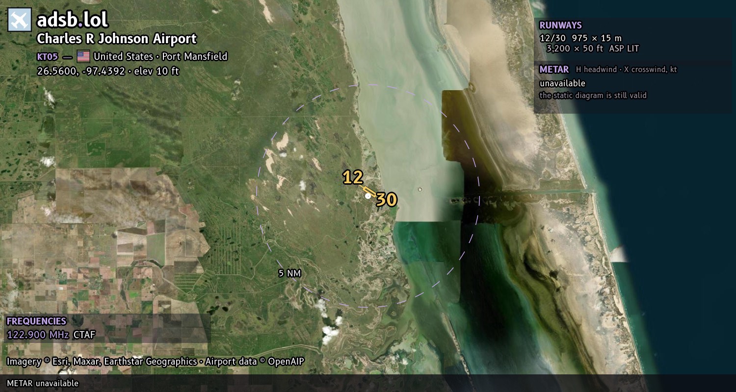 Satellite map with the runway layout of Charles R Johnson Airport (KT05)