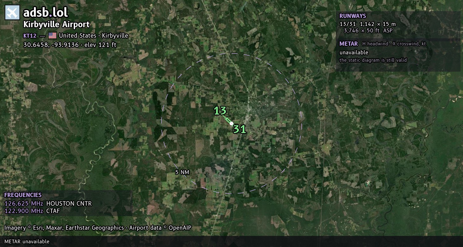 Satellite map with the runway layout of Kirbyville Airport (KT12)