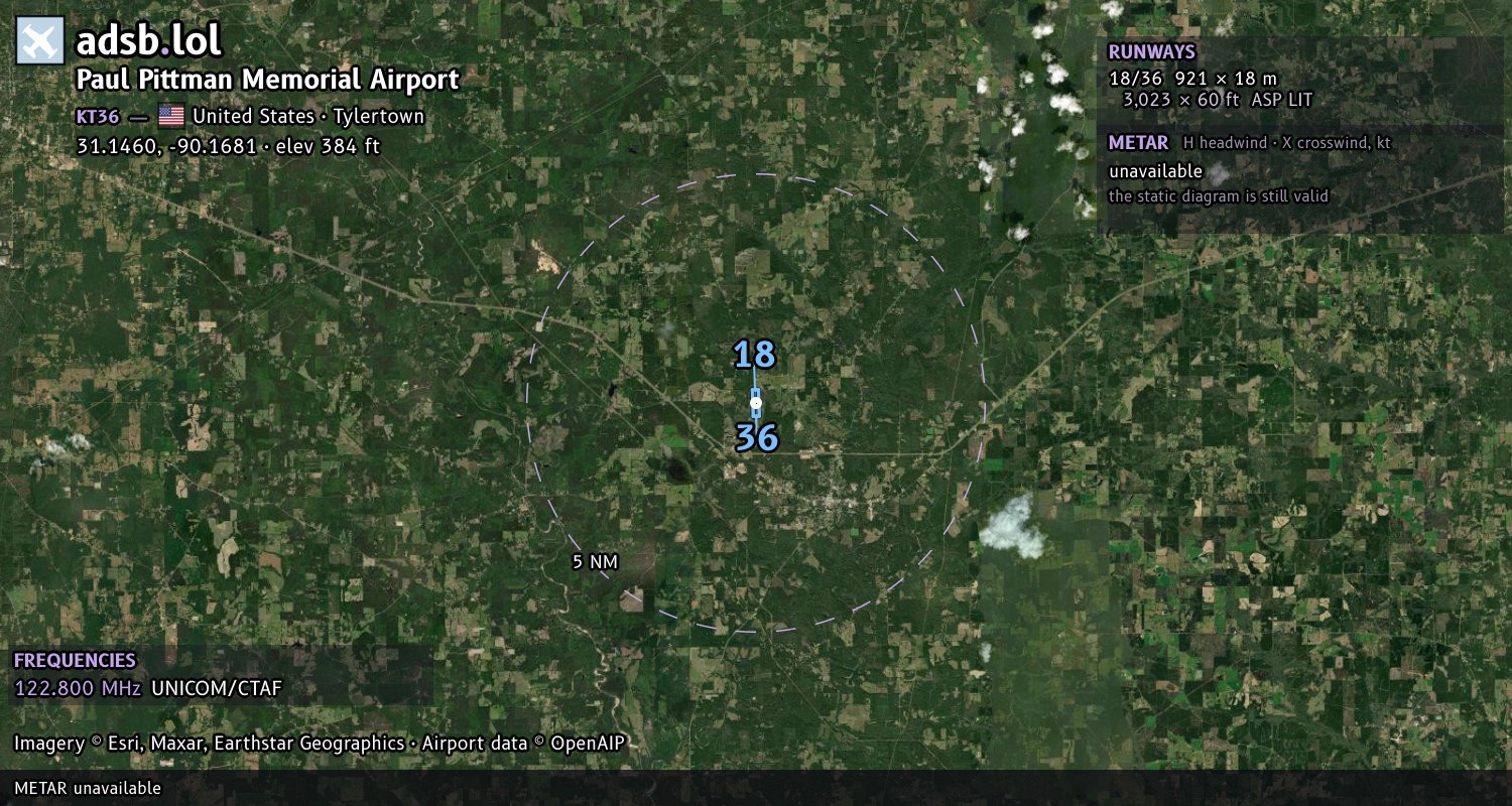 Satellite map with the runway layout of Paul Pittman Memorial Airport (KT36)