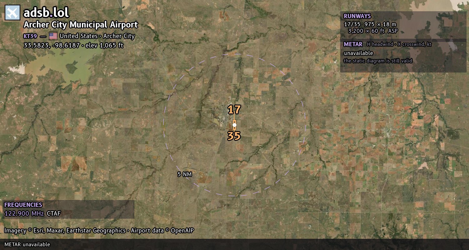 Satellite map with the runway layout of Archer City Municipal Airport (KT39)