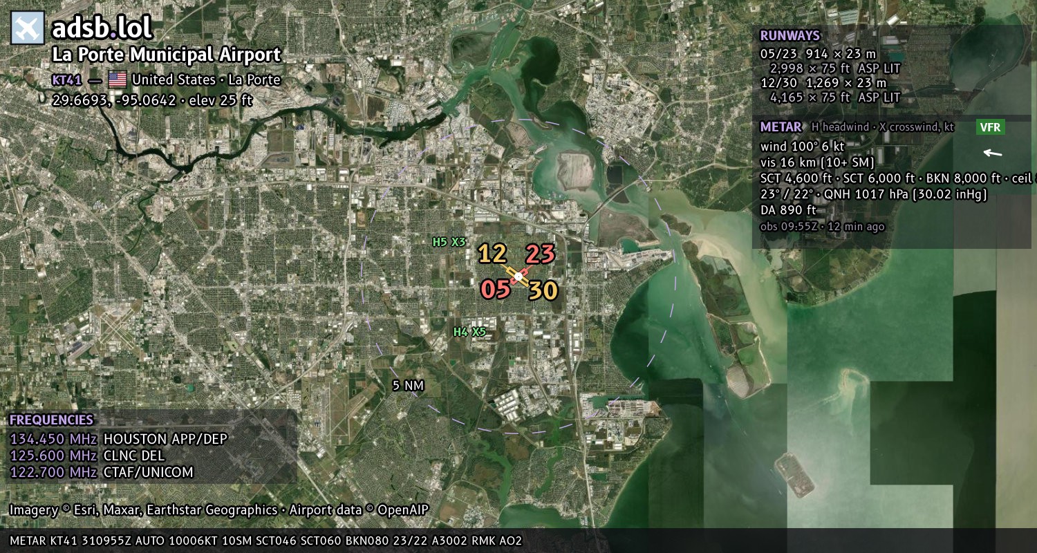 Satellite map with the runway layout of La Porte Municipal Airport (KT41)