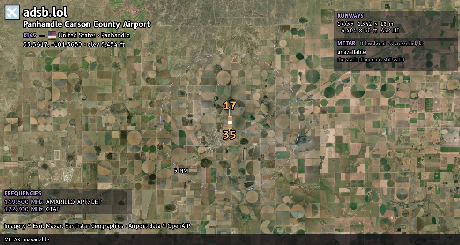 Satellite map with the runway layout of Panhandle Carson County Airport (KT45)