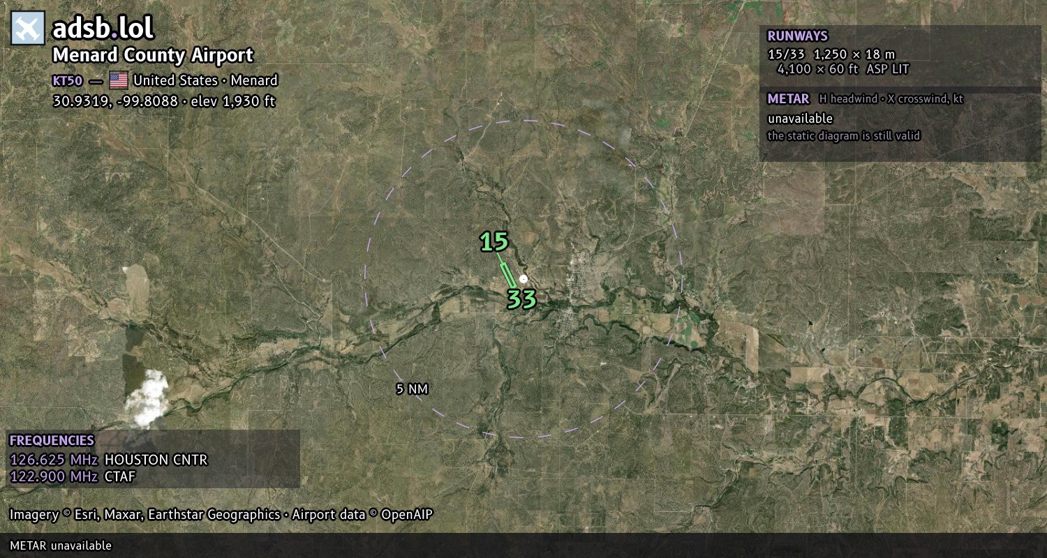 Satellite map with the runway layout of Menard County Airport (KT50)