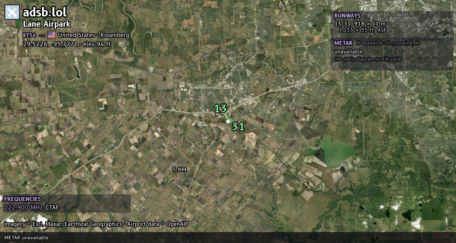 Satellite map with the runway layout of Lane Airpark (KT54)