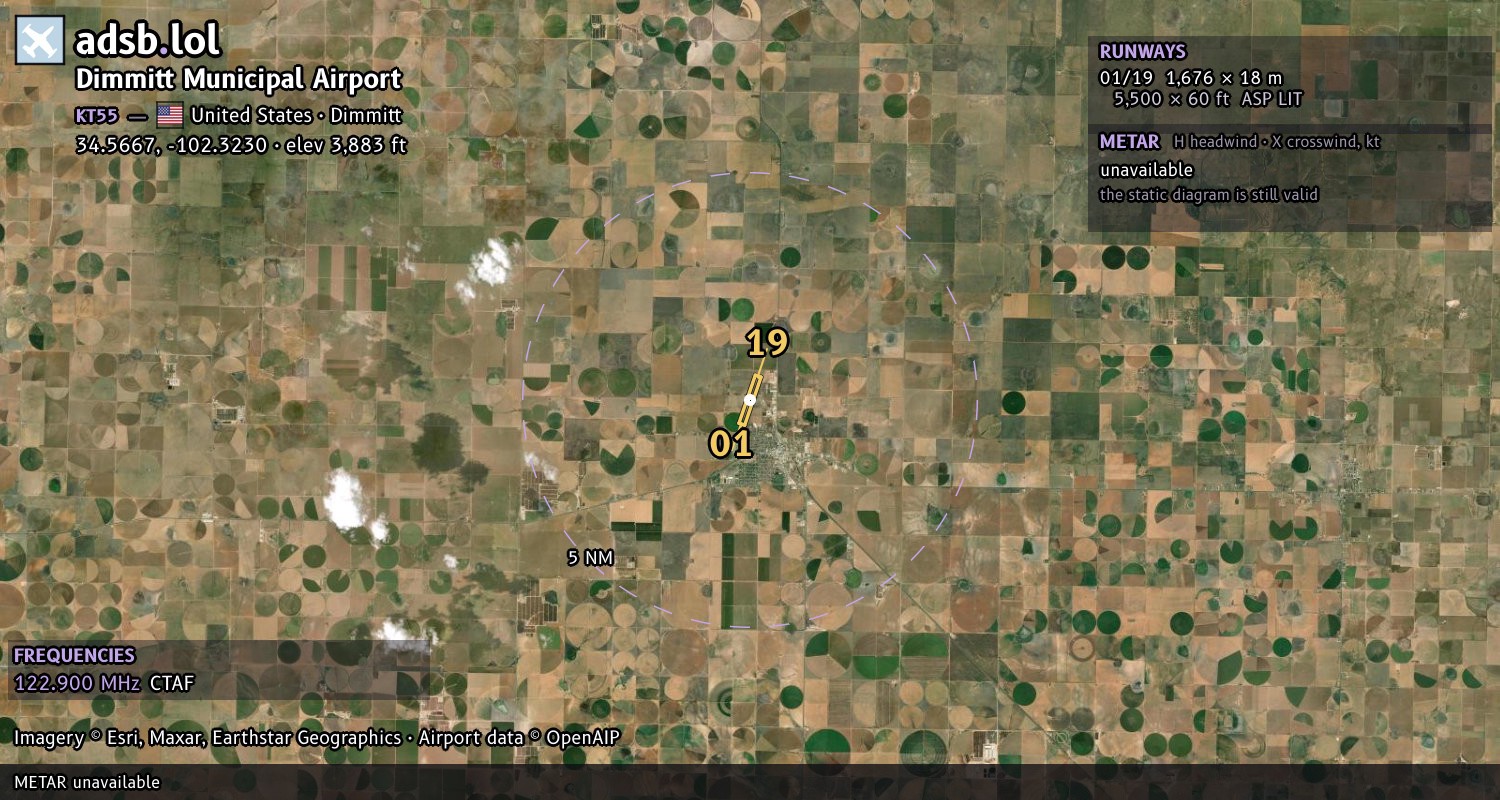 Satellite map with the runway layout of Dimmitt Municipal Airport (KT55)