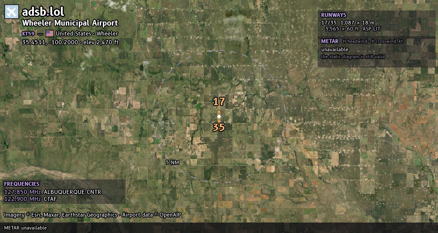 Satellite map with the runway layout of Wheeler Municipal Airport (KT59)