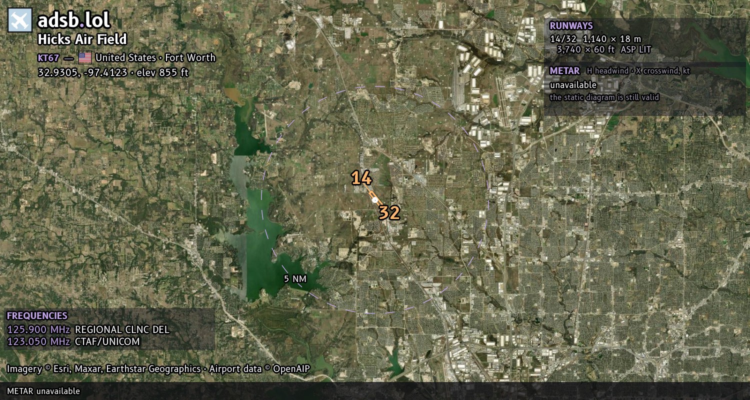 Satellite map with the runway layout of Hicks Air Field (KT67)
