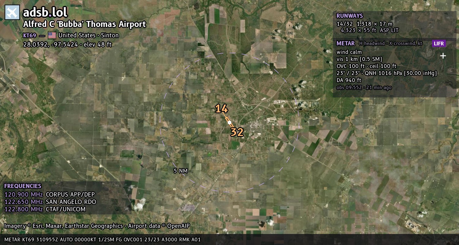 Satellite map with the runway layout of Alfred C 'Bubba' Thomas Airport (KT69)