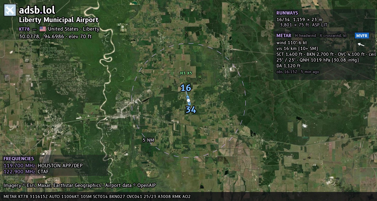 Satellite map with the runway layout of Liberty Municipal Airport (KT78)