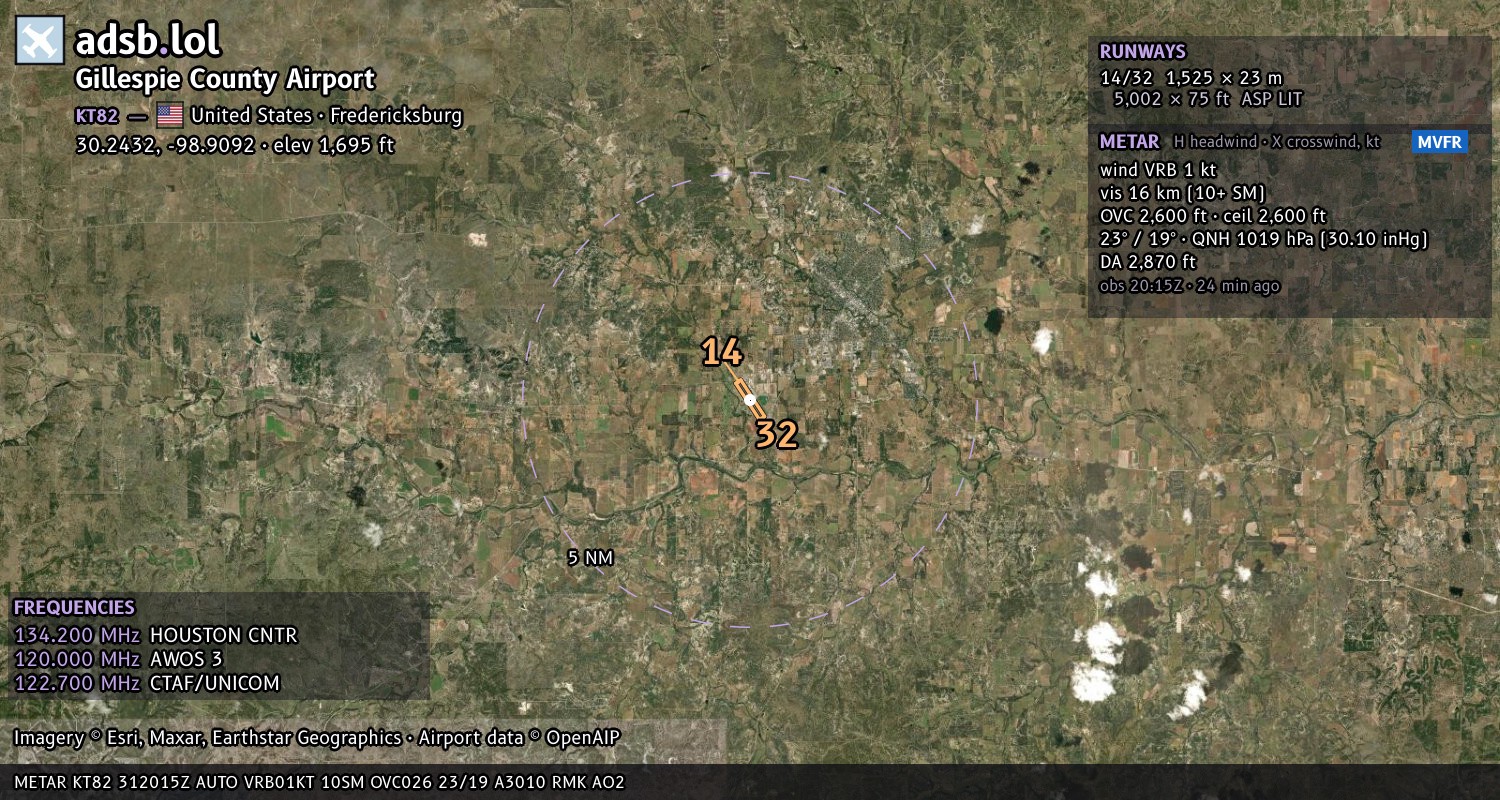 Satellite map with the runway layout of Gillespie County Airport (KT82)