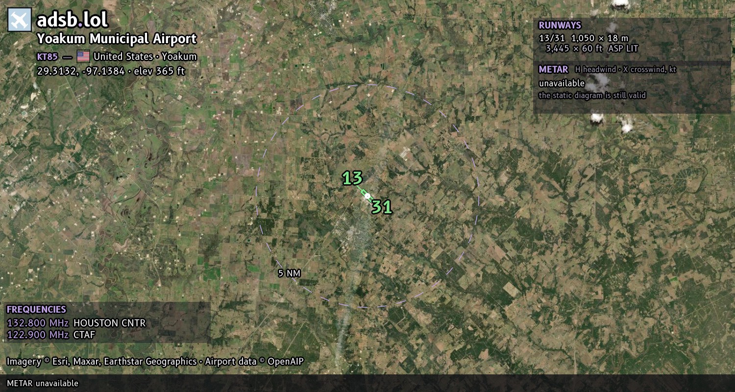 Satellite map with the runway layout of Yoakum Municipal Airport (KT85)