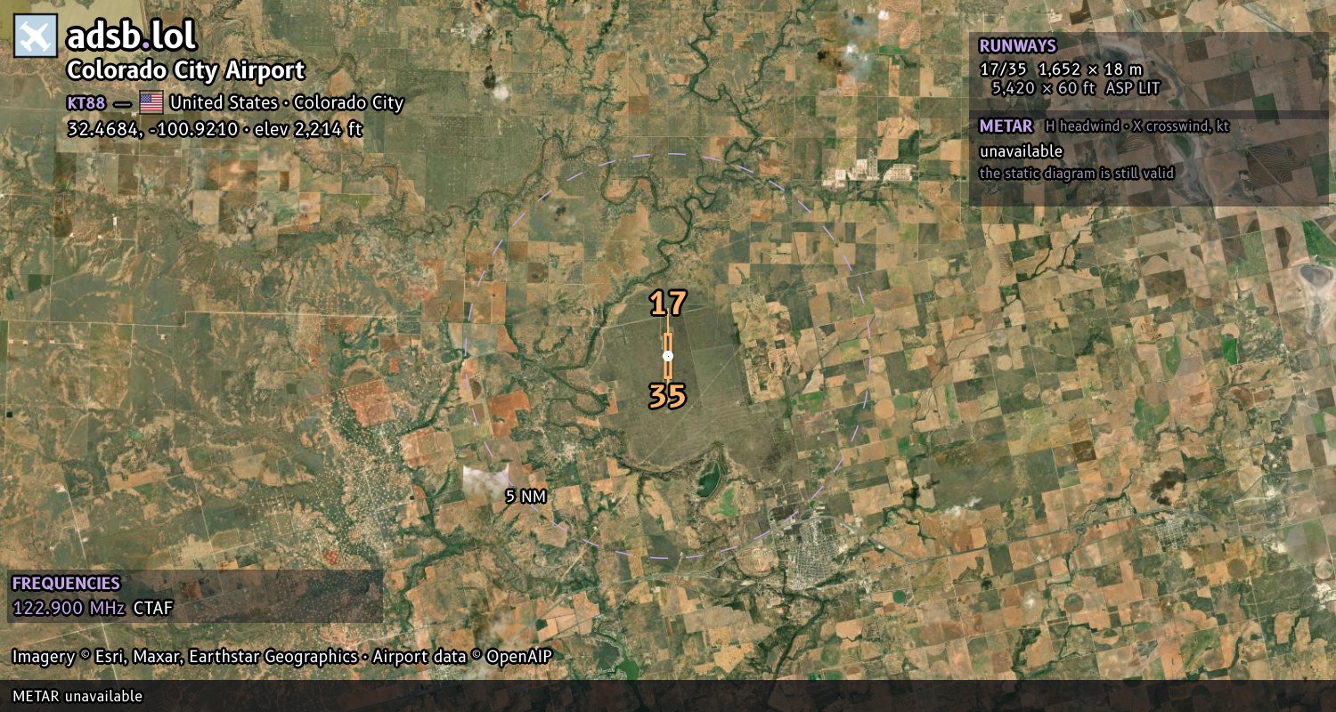 Satellite map with the runway layout of Colorado City Airport (KT88)