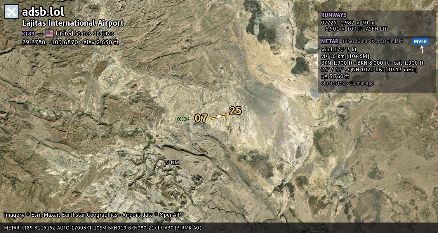 Satellite map with the runway layout of Lajitas International Airport (KT89)
