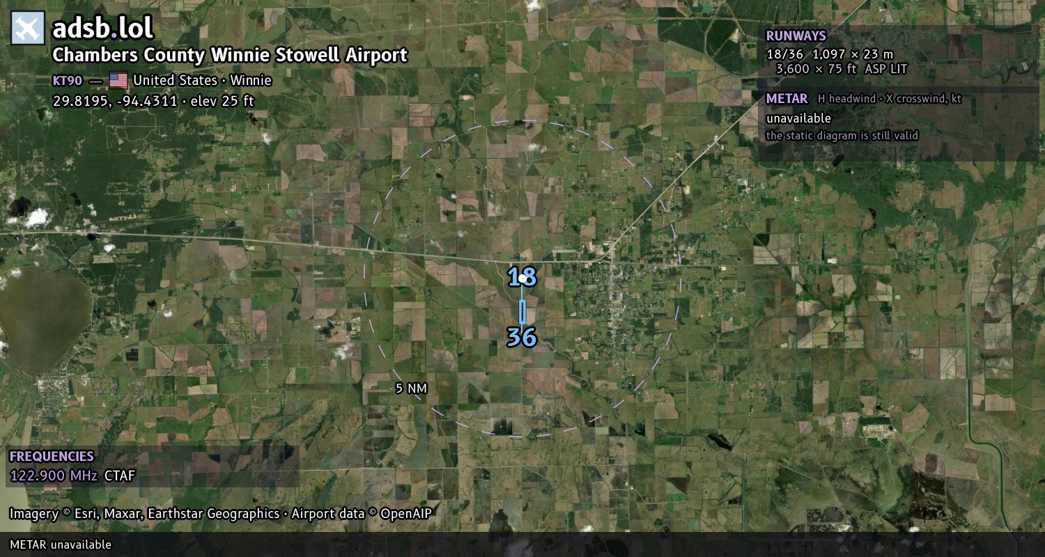 Satellite map with the runway layout of Chambers County Winnie Stowell Airport (KT90)