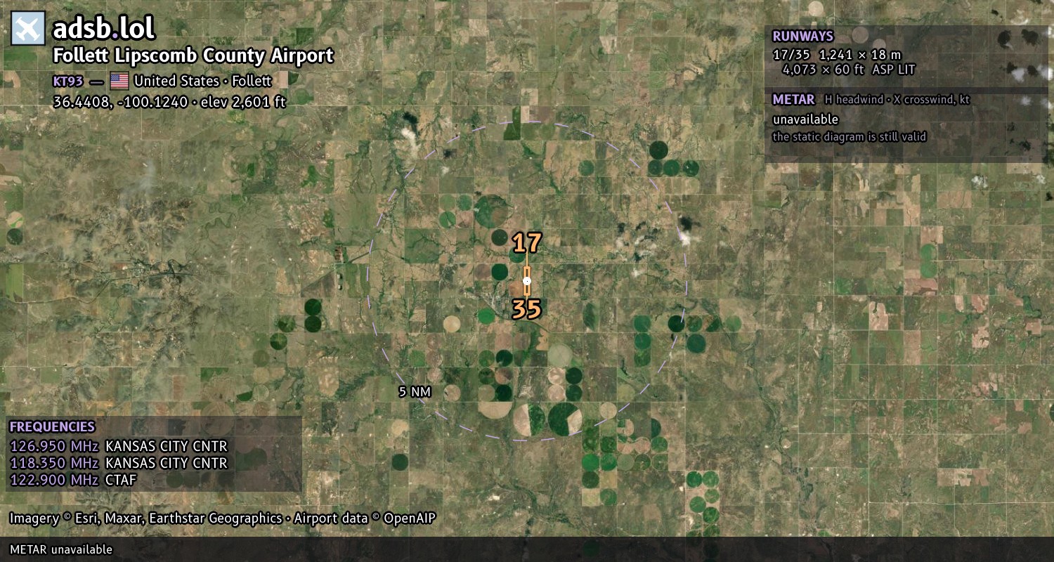 Satellite map with the runway layout of Follett Lipscomb County Airport (KT93)