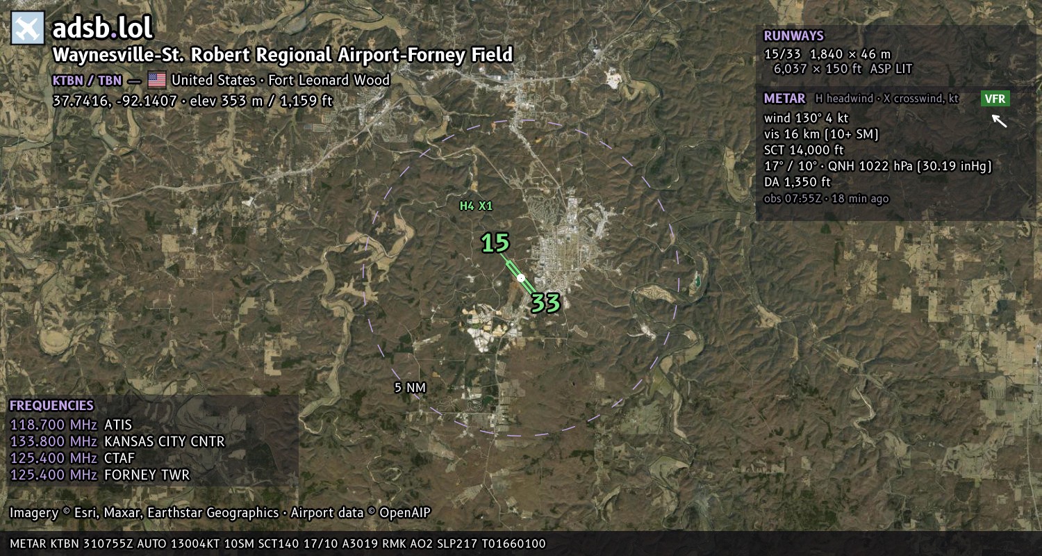 Satellite map with the runway layout of Waynesville-St. Robert Regional Airport-Forney Field (KTBN)