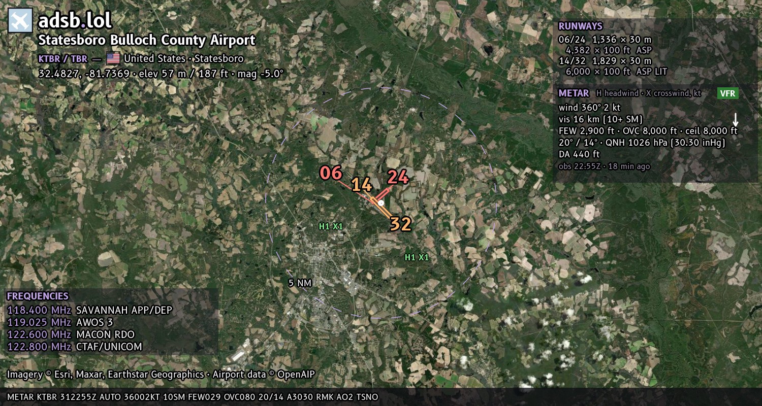 Satellite map with the runway layout of Statesboro Bulloch County Airport (KTBR)