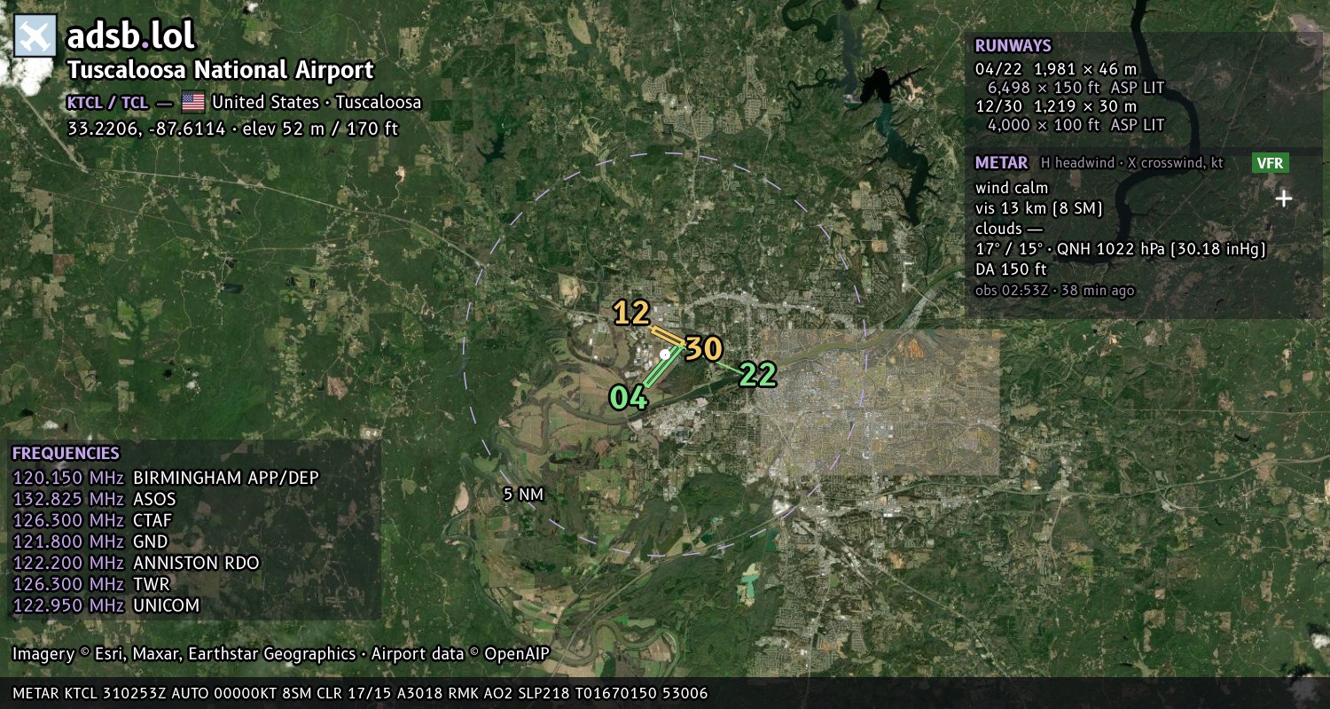 Satellite map with the runway layout of Tuscaloosa National Airport (KTCL)