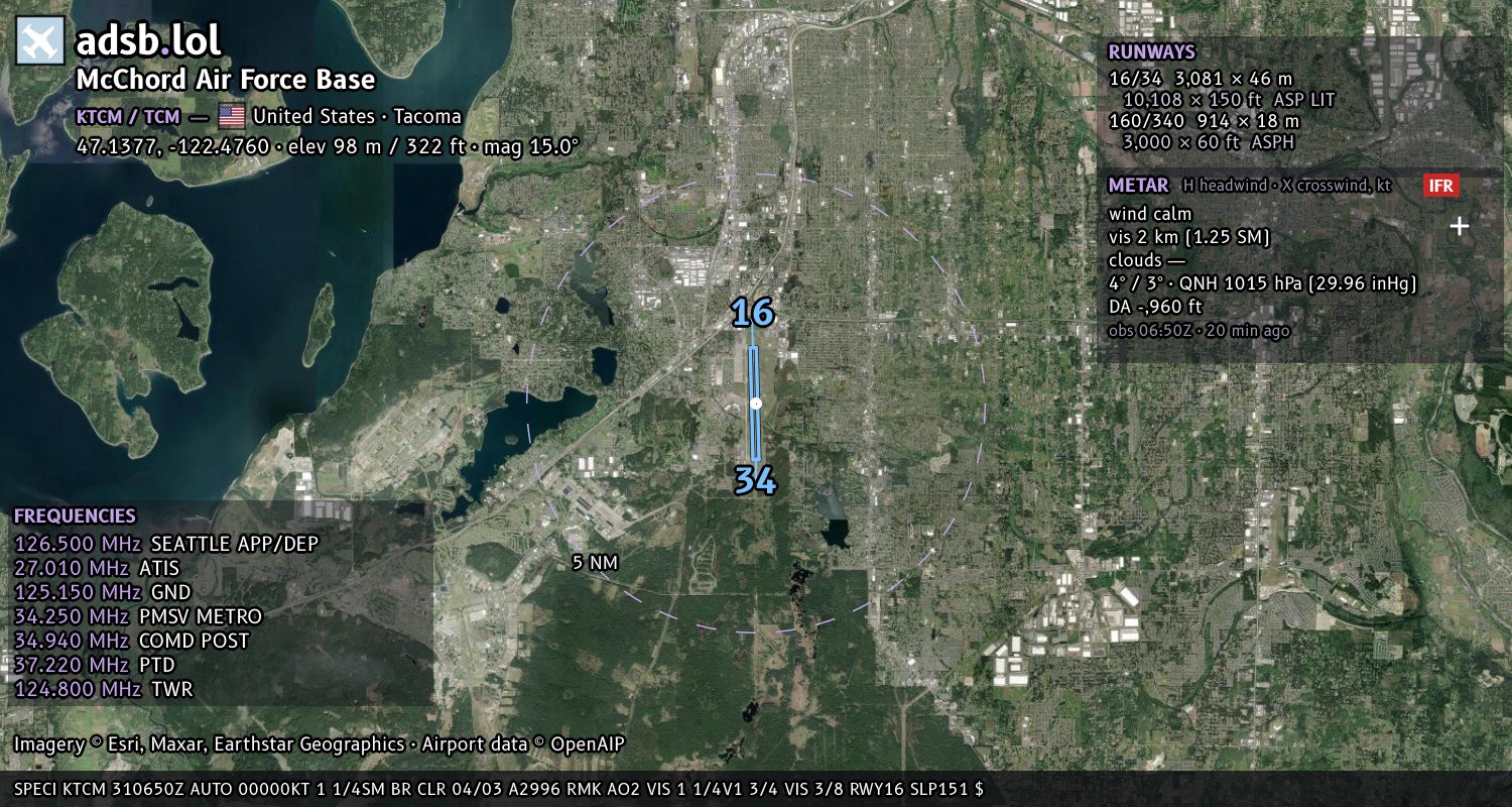 Satellite map with the runway layout of McChord Air Force Base (KTCM)
