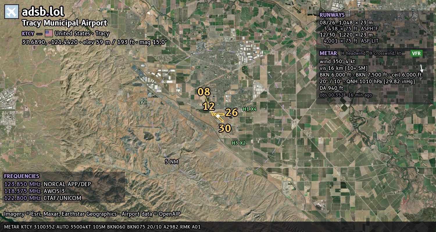 Satellite map with the runway layout of Tracy Municipal Airport (KTCY)