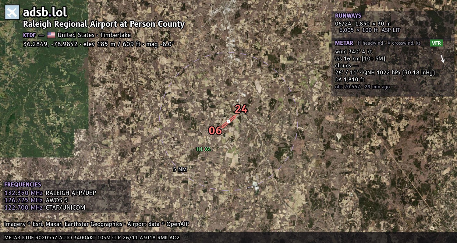 Satellite map with the runway layout of Raleigh Regional Airport at Person County (KTDF)