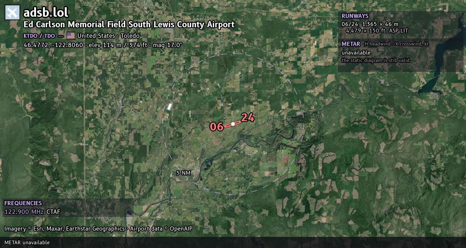 Satellite map with the runway layout of Ed Carlson Memorial Field South Lewis County Airport (KTDO)