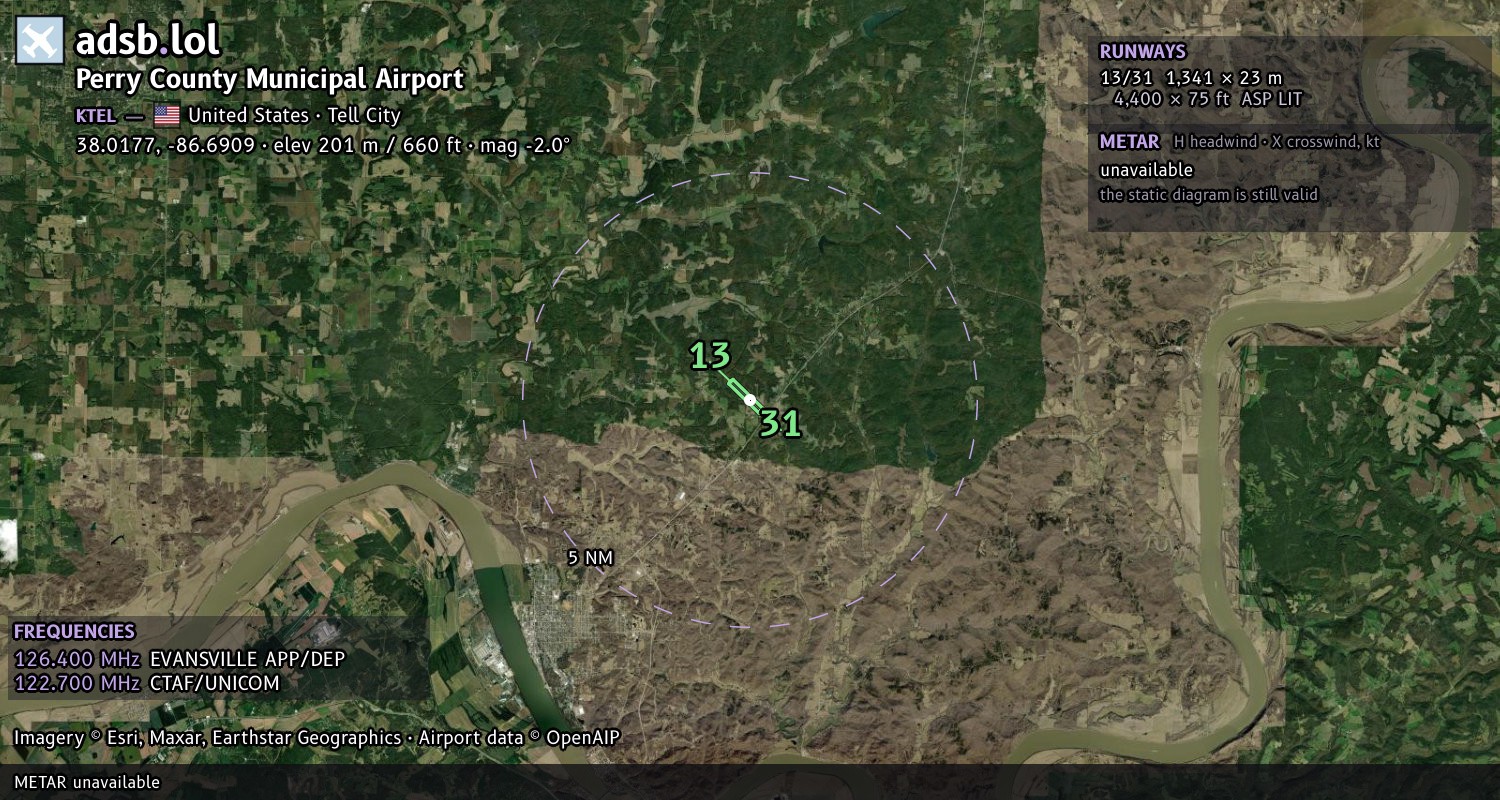 Satellite map with the runway layout of Perry County Municipal Airport (KTEL)