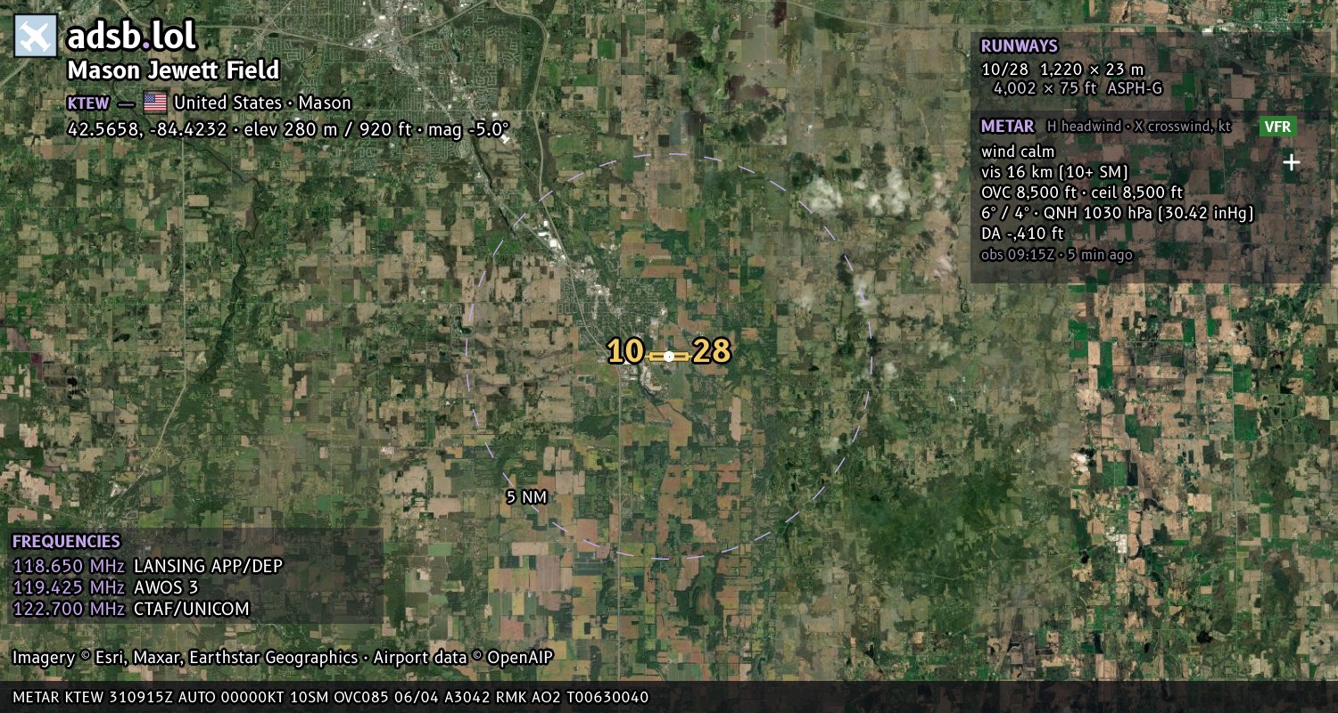 Satellite map with the runway layout of Mason Jewett Field (KTEW)