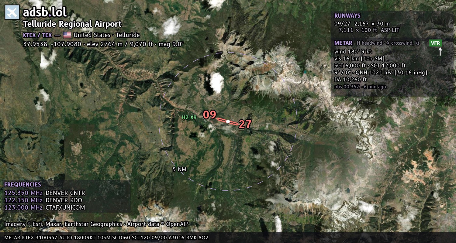 Satellite map with the runway layout of Telluride Regional Airport (KTEX)