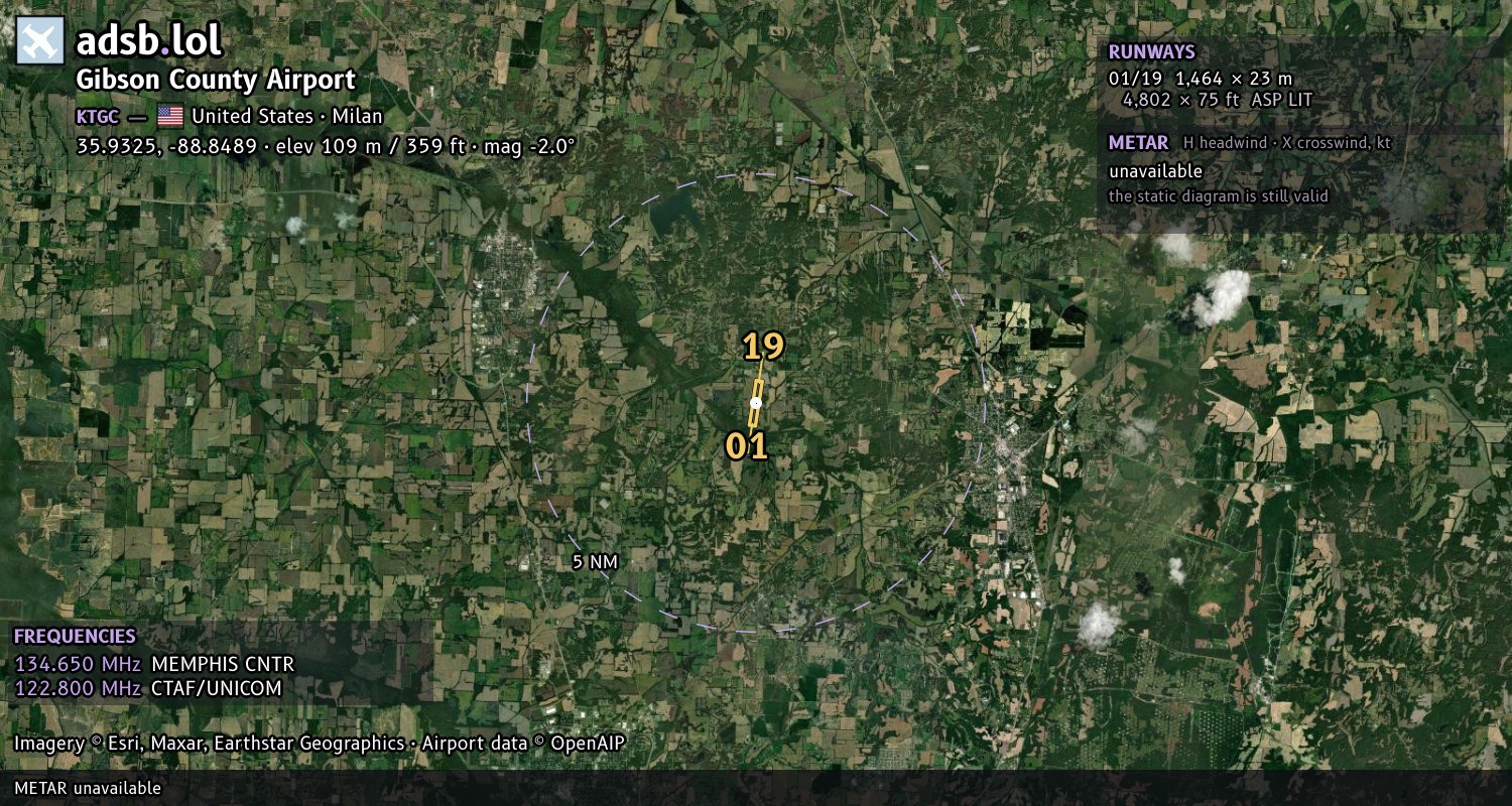 Satellite map with the runway layout of Gibson County Airport (KTGC)