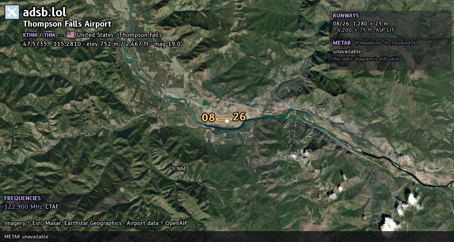 Satellite map with the runway layout of Thompson Falls Airport (KTHM)