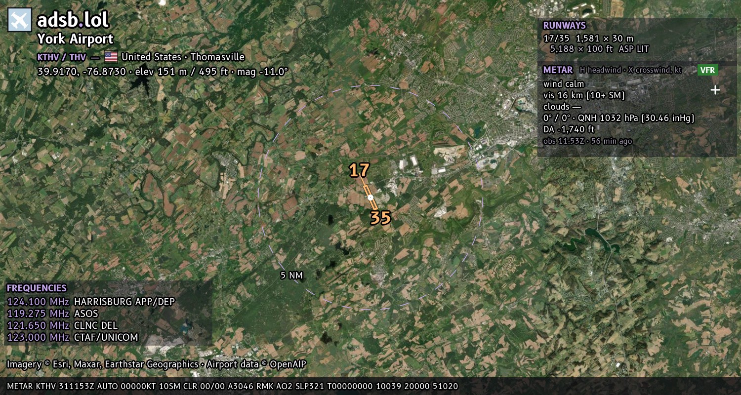 Satellite map with the runway layout of York Airport (KTHV)