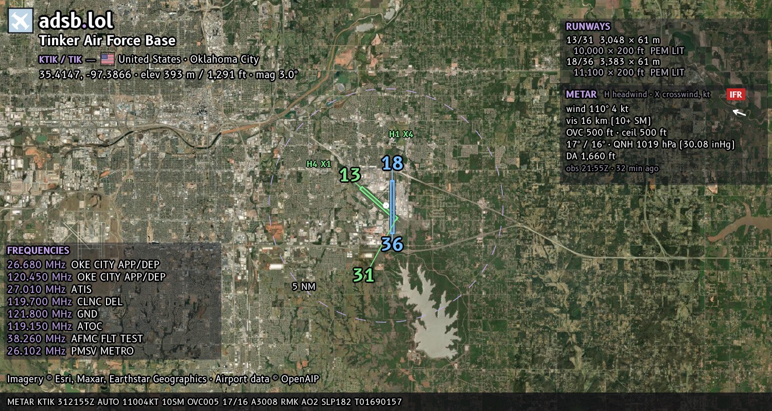 Satellite map with the runway layout of Tinker Air Force Base (KTIK)