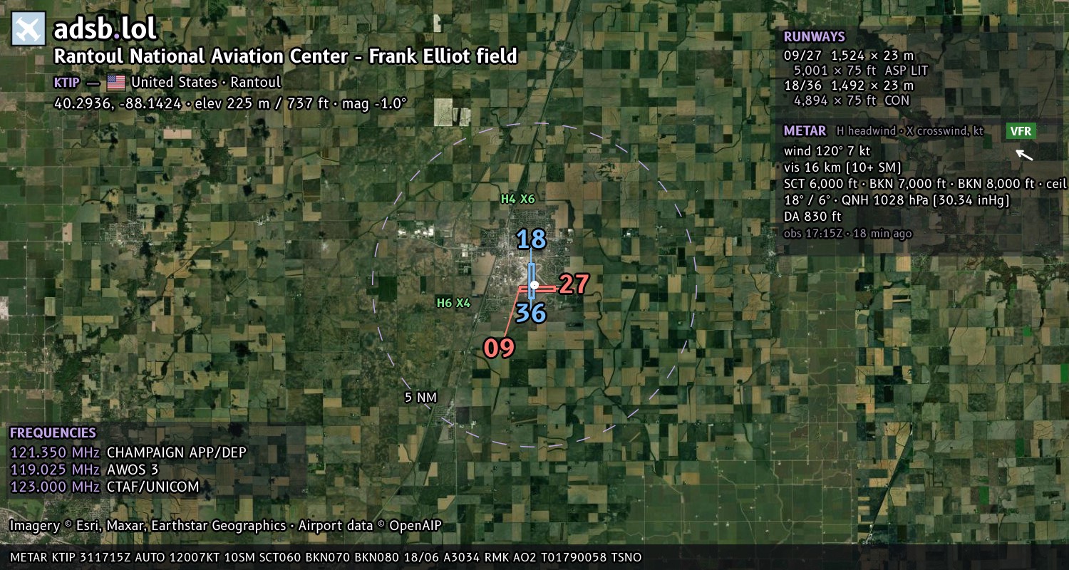 Satellite map with the runway layout of Rantoul National Aviation Center - Frank Elliot field (KTIP)