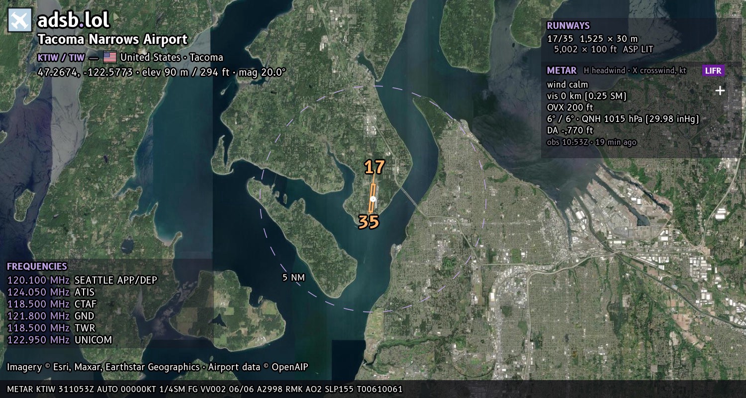 Satellite map with the runway layout of Tacoma Narrows Airport (KTIW)