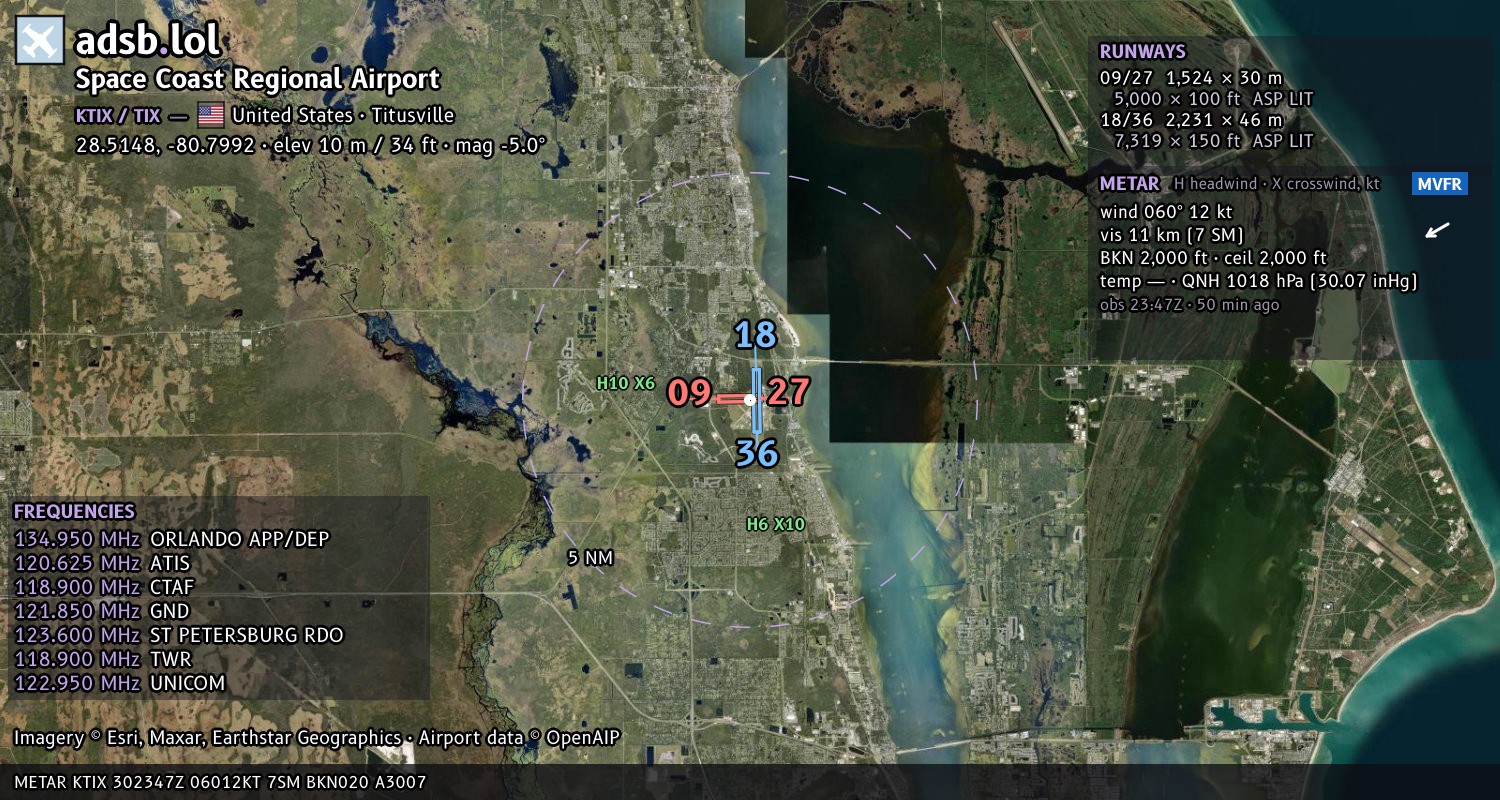 Satellite map with the runway layout of Space Coast Regional Airport (KTIX)