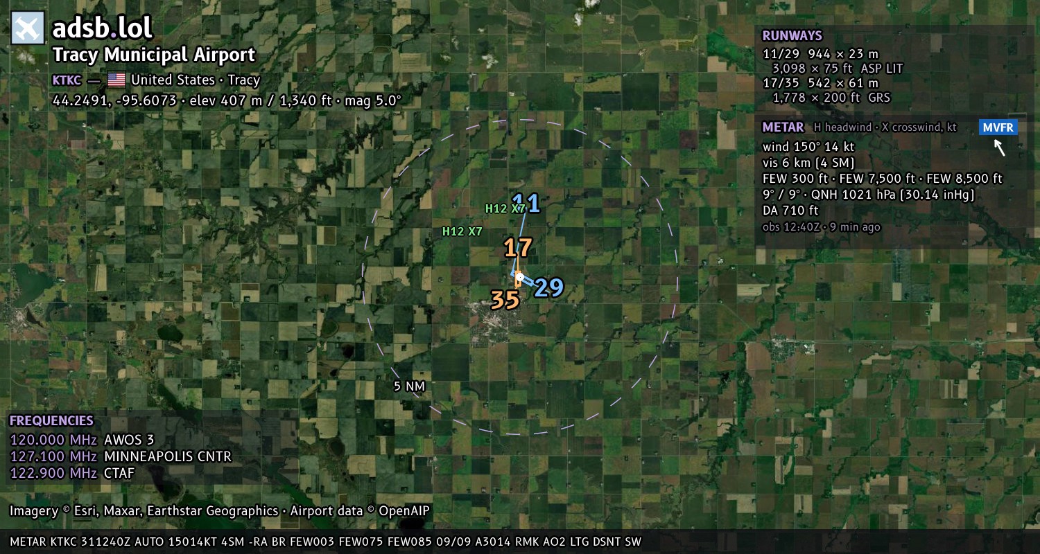 Satellite map with the runway layout of Tracy Municipal Airport (KTKC)