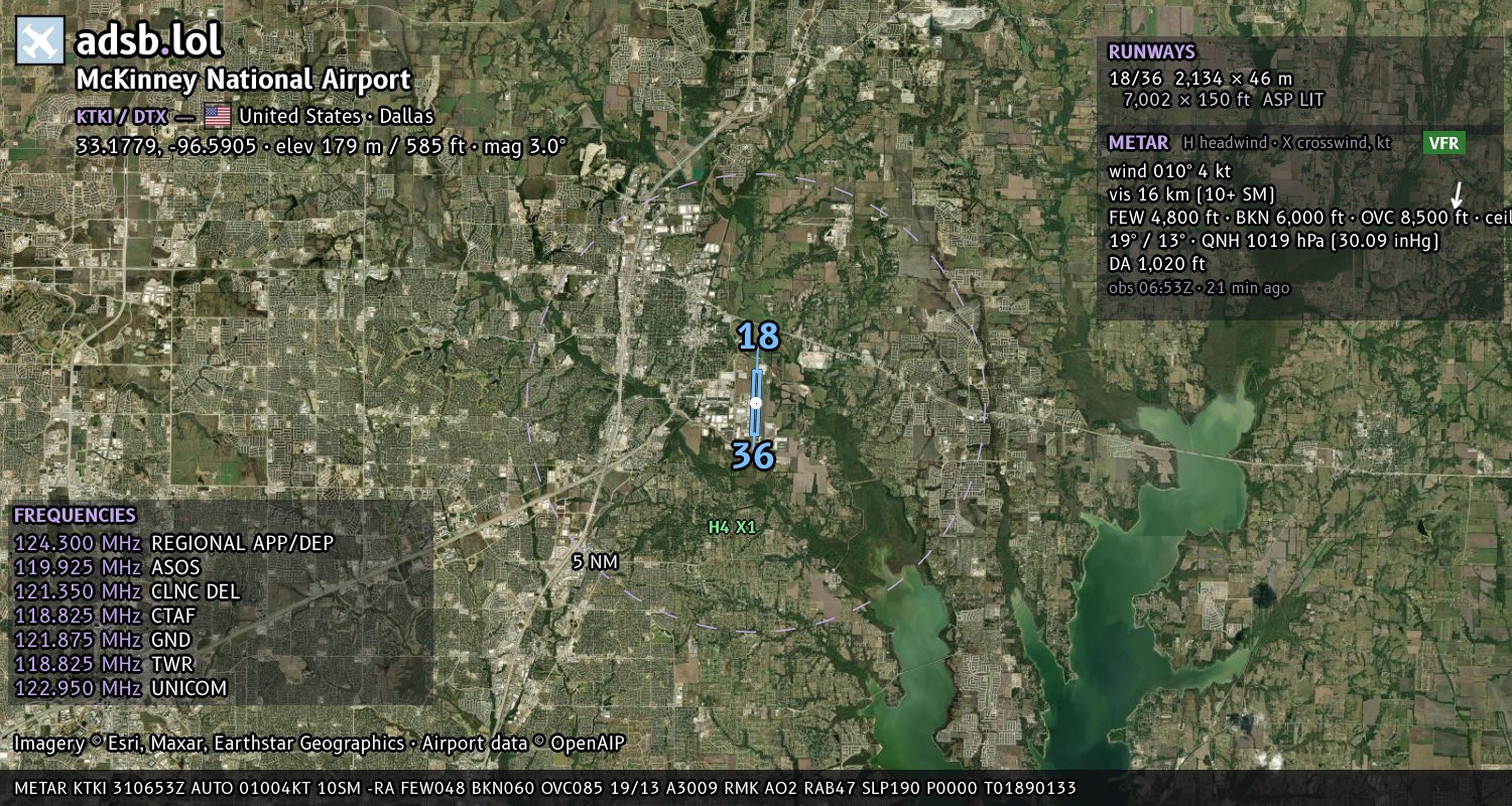 Satellite map with the runway layout of McKinney National Airport (KTKI)