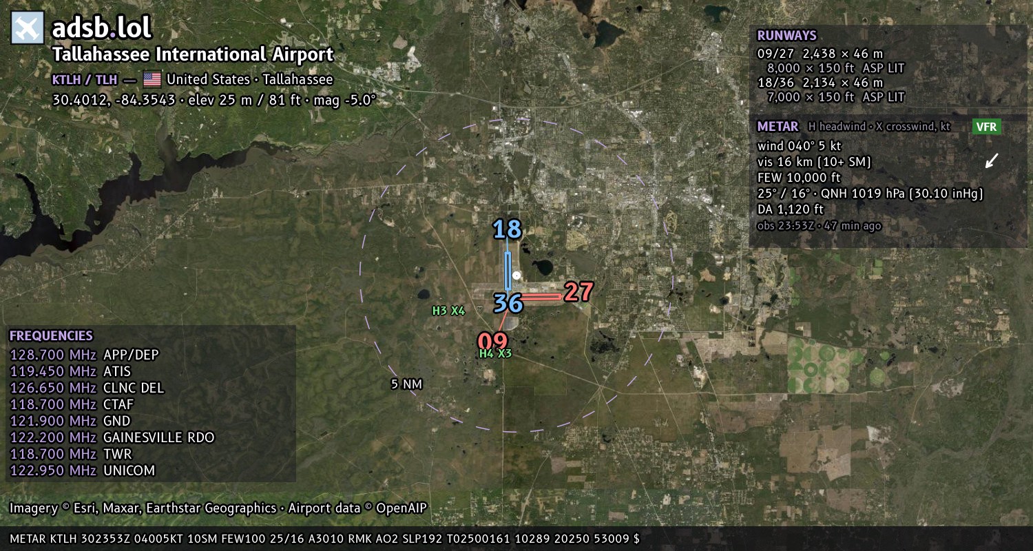 Satellite map with the runway layout of Tallahassee International Airport (KTLH)