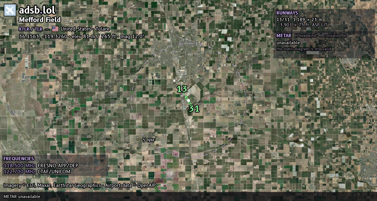 Satellite map with the runway layout of Mefford Field (KTLR)