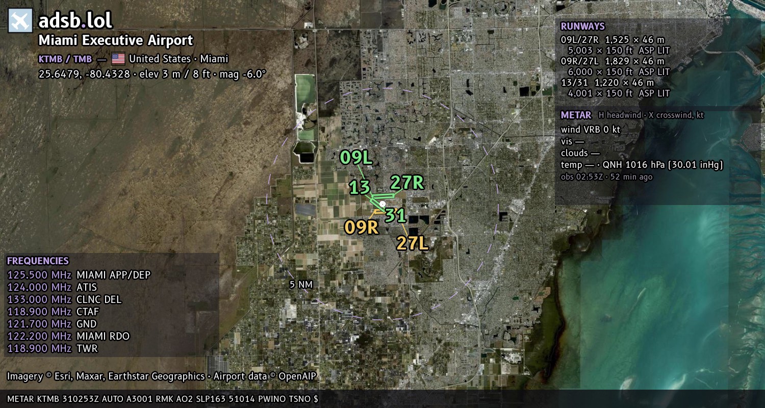 Satellite map with the runway layout of Miami Executive Airport (KTMB)